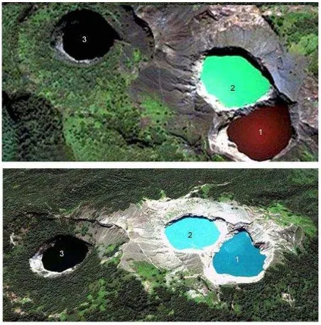 Gambar  3. Danau Kelimutu terdiri dari tiga danau yang bisa berubah warna seiring berjalannyawaktu: 1) Danau Tiwu Ata Polo; 2) Tiwu Nuwa Muri Kooh Fai; 3) Tiwu Ata Mbupu