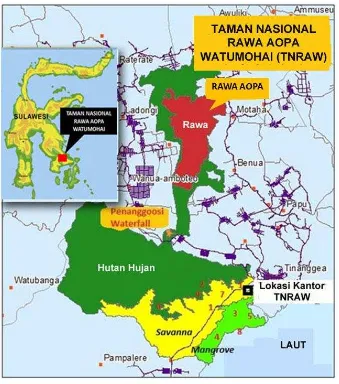 Gambar 1. Peta Taman Nasional Rawa Aopa Watumohai (TNRAW), mennjukkan sebarantipe ekosistem hutan hujan, rawa, savanna dan mangrove  (tnrawku.wordpress.com)