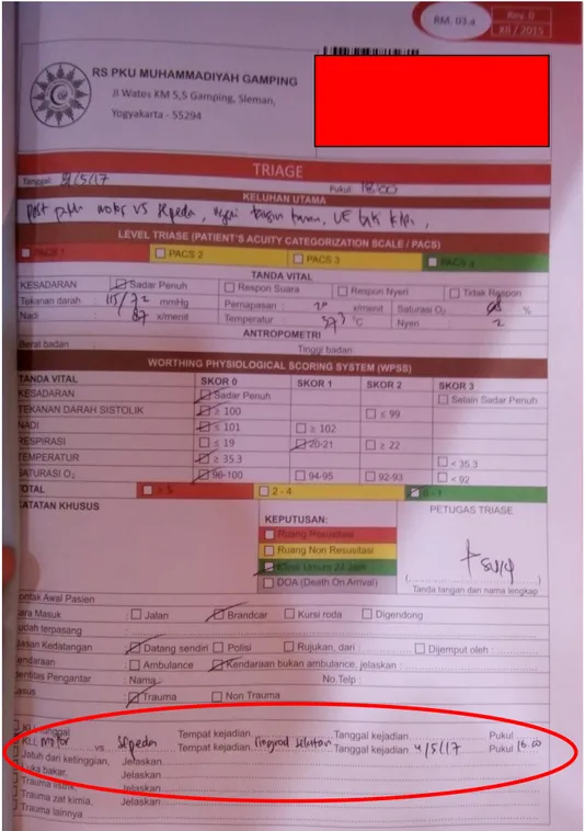 Gambar 4.7 Formulir Triage RS PKU Muhammadiyah Gamping Sleman  Sumber: RS PKU Muhammadiyah Gamping Sleman Yogyakarta 