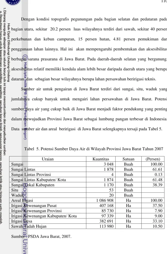 Tabel  5. Potensi Sumber Daya Air di Wilayah Provinsi Jawa Barat Tahun 2007 