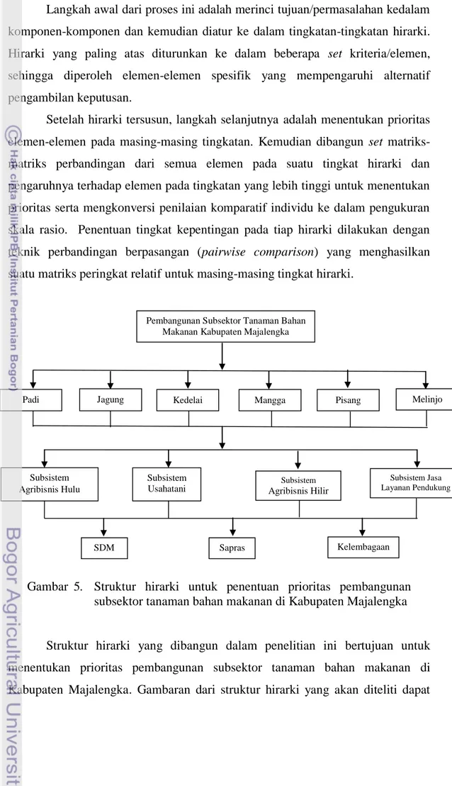 Gambar  5.   Struktur  hirarki  untuk  penentuan  prioritas  pembangunan  subsektor tanaman bahan makanan di Kabupaten Majalengka 