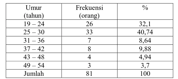 Tabel 4.1. Distribusi Frekuensi Penjahit Berdasarkan Kelompok Umur di Pasar Petisah Kecamatan Medan Baru Kota Medan Tahun 2010   