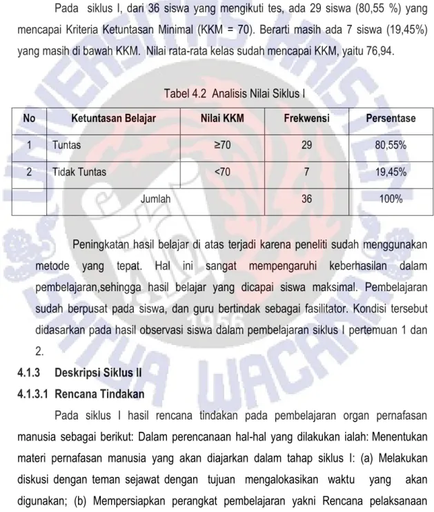 Tabel 4.2  Analisis Nilai Siklus I 