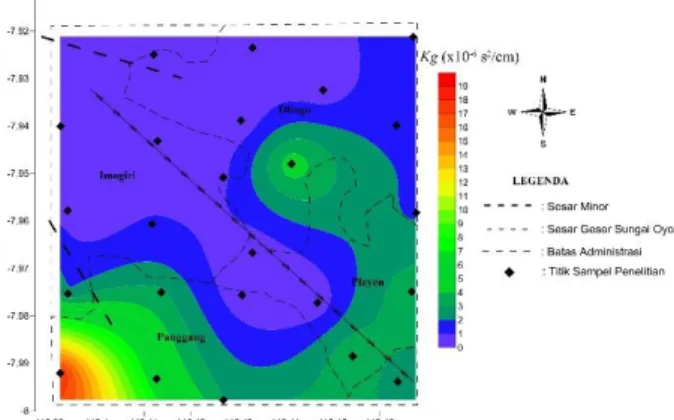 Gambar  2.  Mikrozonasi  indeks  kerentanan  seismik  dioverlay  dengan  peta  geologi  di  kawasan  jalur  Sesar  Sungai Oyo 