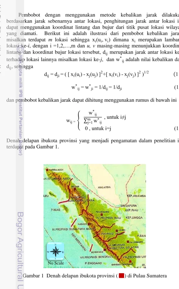 Gambar 1  Denah delapan ibukota provinsi (     ) di Pulau Sumatera 