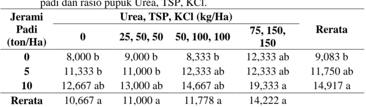 Tabel  1  menunjukkan  bahwa  pemberian  mulsa  jerami  padi  dan  rasio  pupuk  Urea,  TSP,  KCl  meningkatkan  jumlah  bintil  akar  efektif  pertanaman