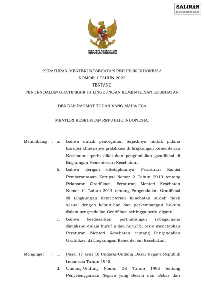 PERATURAN MENTERI KESEHATAN REPUBLIK INDONESIA NOMOR 1 TAHUN 2022 ...