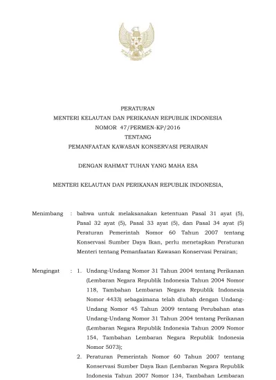 PERATURAN MENTERI KELAUTAN DAN PERIKANAN REPUBLIK INDONESIA NOMOR 47 ...