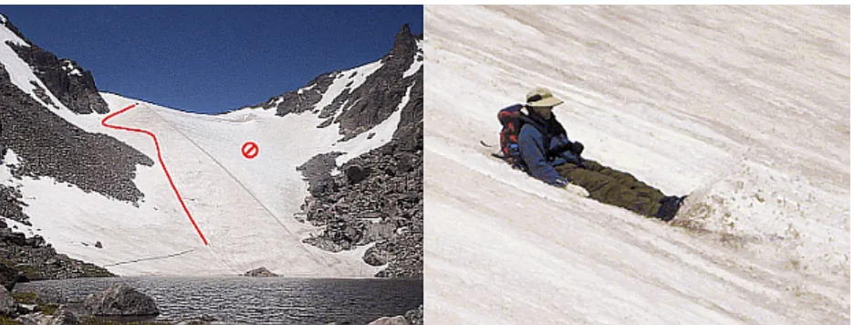 Figure 8. Safe descent route, Andrews Glacier, Rocky Mountain National Park. The small dot above the bold solid line is aparty starting the 150 m vertical descent