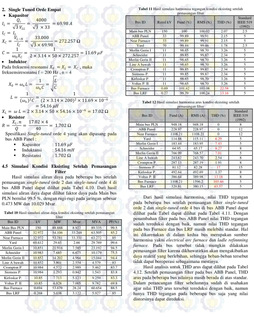 Tabel 10 Hasil simulasi aliran daya kondisi eksisting setelah pemasangan  filter 
