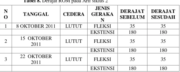 Tabel 8. Derajat ROM pada Arif siklus 2 