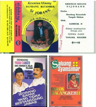Figure 5.  Sijobang cassette cover (above), dendang Pauah and saluang (bagurau) cassette covers (below); Photo sijobang cassette cover by Nigel Phillips; cassettes were initially owned by Gerard Moussay.