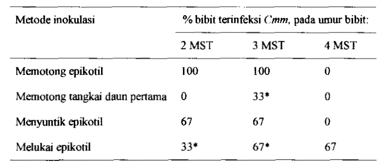 Tabel 5. Pengaruh umur bibit dan metode inokuIasi terhadap persentase bibit 