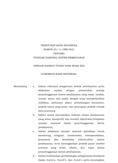 - 1 - PERATURAN BANK INDONESIA NOMOR 23/ 11 /PBI/2021 TENTANG STANDAR ...