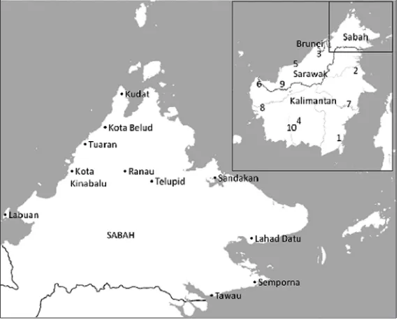 Figure 1. Map of Sabah; The locations of the discussed Malay varieties are indicated in the inset (Figure by the author).