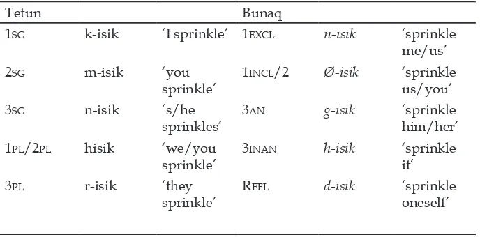 Table 6. Tetun and Bunaq prefixation of h-initial verbs.