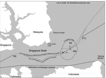 Figure 8. Maritime delimitation options in the Strait of Singapore (Arsana, Yuniar, and Sumaryo 2010: 11).