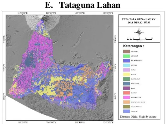 Gambar 5.6 Peta Tataguna Lahan  Berdasarkan  tabel    dapat  disimpulakan  bahwa  penggunaan  lahan  di  DAS  Opak-Oyo  didominasi  oleh  kebun,  pemukiman,  sawah  irigasi, sawah tadah hujan dan tegalan,  dengan  luas total 1.667.893.547  m2