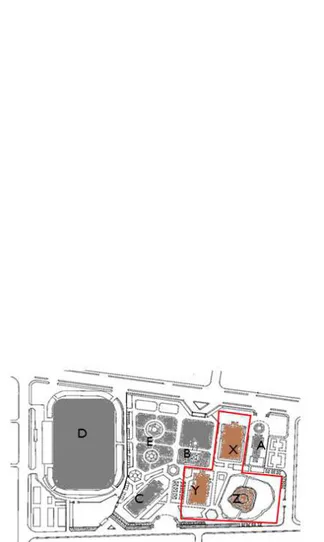 Gambar Site Plan eksisting Taman Sriwedari Area  merah  merupakan  daerah  perancangan  dengan  luas  20.355  m2,  yang  pada  saat  sekarang terdapat bangunan eksisting berupa  gedung  (X)  Graha  Wisata  Niaga  pada  bagian  depan,  (Z)  Segaran  dan  (Y