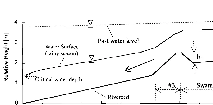Fig. 7 Schematic illustration of riverbed and water level profiles along Cidanau River