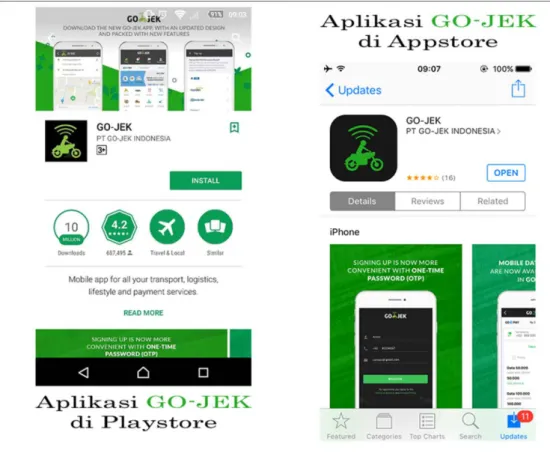 Gambar 1.6 Aplikasi GO-JEK pada Playstore dan Appstore  Sumber: data yang telah diolah
