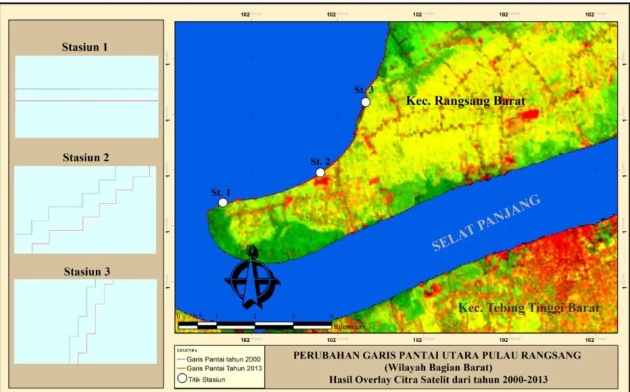 Gambar 1. Perubahan Garis Pantai Utara Pulau Rangsang (Wilayah Bagian Barat) dari tahun 2000-2013