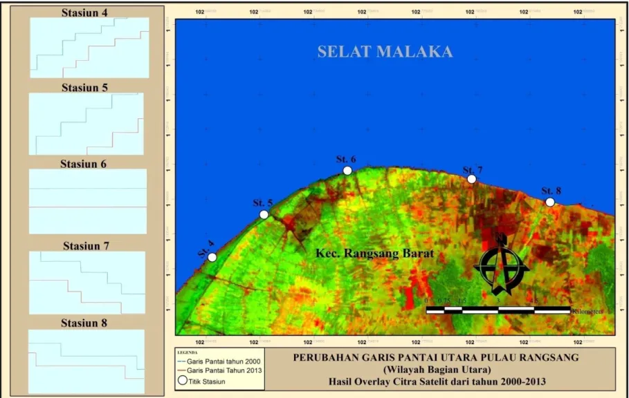 Gambar 2. Perubahan Garis Pantai Utara Pulau Rangsang (Wilayah Bagian Utara) dari tahun 2000-2013