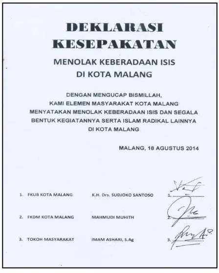 Gambar 3. Naskah Deklarasi Menolak Keberadaan ISIS di Kota Malang 