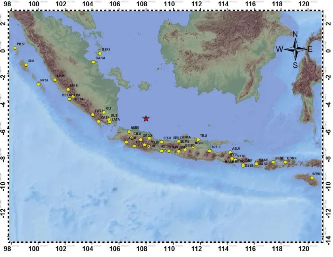 Gambar 2.1. Peta lokasi gempabumi Timur Laut Subang Jawa Barat jam 07:26:00 WIB.  Bintang warna merah menunjukkan titik epicenter gempabumi, sedangkan lingkaran 
