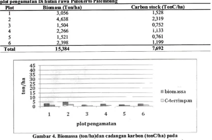 Gambar 4. tumbuhan bawah Biomassa (ton/ha)dan cadangan karbon (tonC/ha) padadi setiap plot pengamatan di hutan rawa Pulokerto Palembang