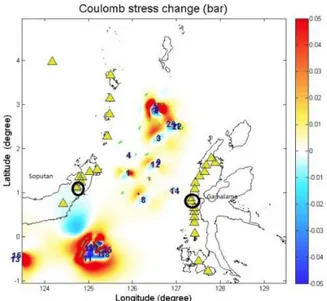 Gambar 4.10  Distribusi perubahan  coulomb  stress  gempabumi  Halmahera Barat tahun 2004-2006  pada kedalaman 10  km