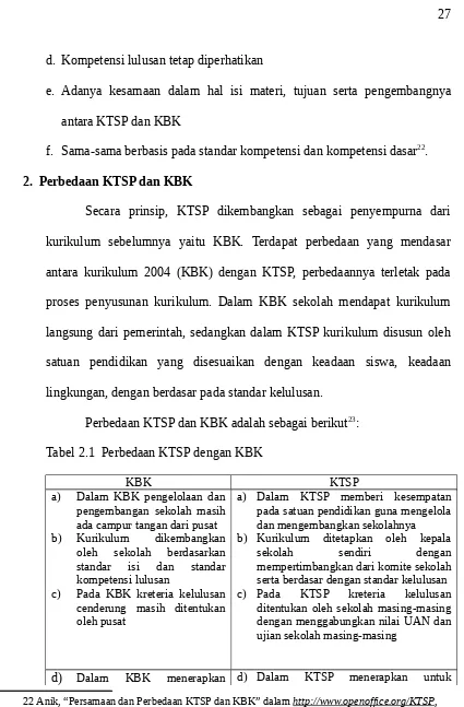 Tabel 2.1  Perbedaan KTSP dengan KBK