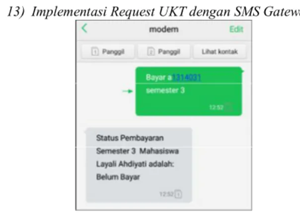 Gambar  16  merupakan  implementasi  status  mahasiswa  dengan  SMS  Gateway,  berisi  tentang  informasi  mengenai  status  mahasiswa,  untuk  mendapatkan  informasi  status  mahasiswa  yaitu  dengan  cara  mengirim  SMS  request  dengan  format  SMS  Sta