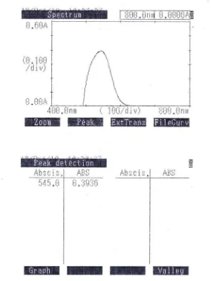 Gambar 1. Kurva Serapan Maksimum Larutan Natrium Tetraboraks dengan                     Konsentrasi 0,6 ppm secara Spektrofotometri Sinar Tampak 