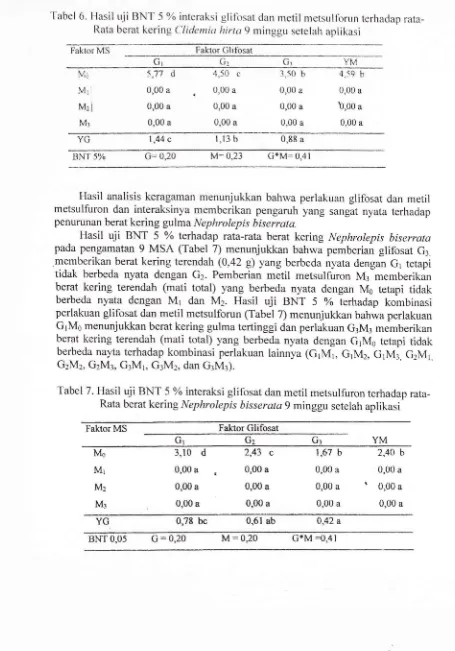 Tabel 6. Hasil uji BNT 5 %o interaksi glifosat dan metil metsullorun terhadap rata-hirtag 