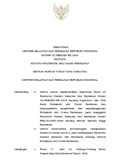 PERATURAN MENTERI KELAUTAN DAN PERIKANAN REPUBLIK INDONESIA NOMOR 23 ...