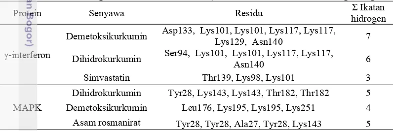 Tabel 2  Ikatan hidrogen residu asam amino �-interferon dan MAPK dengan ligan 