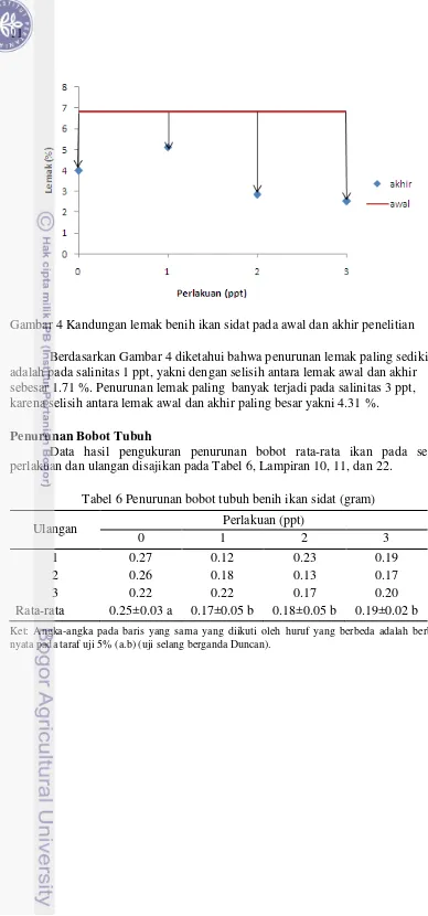 Gambar 4 Kandungan lemak benih ikan sidat pada awal dan akhir penelitian 