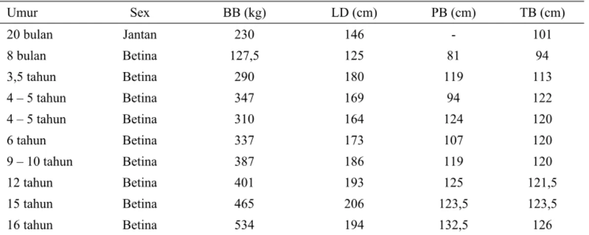Tabel 4 menunjukkan bahwa berat badan  kerbau rawa yang ada di Kalimantan Selatan  termasuk dalam kisaran berat kerbau lumpur  yaitu untuk jantan 500 kg dan betina 400 kg