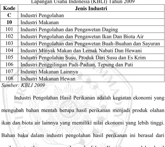 Tabel 2.1: Kategori Industri Pengolahan menurut Klasifikasi Baku  Lapangan Usaha Indonesia (KBLI) Tahun 2009 