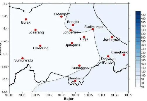 Gambar 6 Peta kontur rata-rata intensitas curah hujan bulanan  periode tahunan di Kabupaten Indramayu 