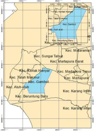 Gambar 1. Letak Lokasi Penelitian  Jumlah penduduk Kecamatan Gambut hasil  Proyeksi  Penduduk  pada  tahun  2013  tercatat  sebesar  38.054  jiwa,  terbagi  kedalam  9.911  rumah  tangga