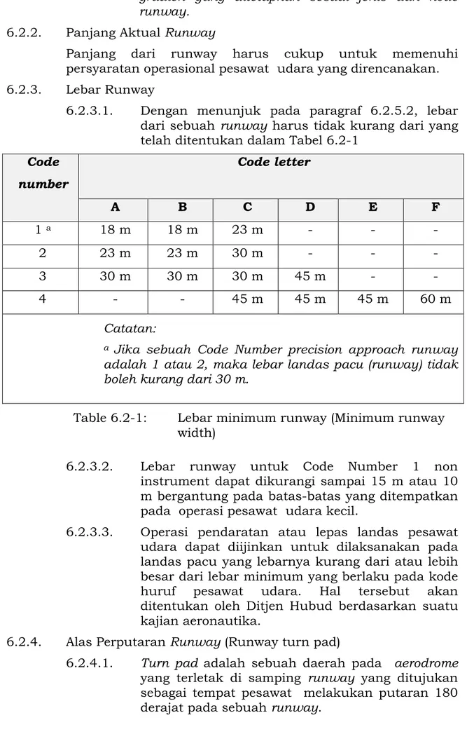Table 6.2-1:   Lebar minimum runway (Minimum runway  width) 