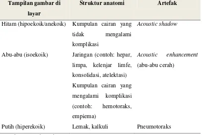 Tabel 2.3 Interpretasi dasar gambaran ultrasonografi dari struktur anatomi dan artefak