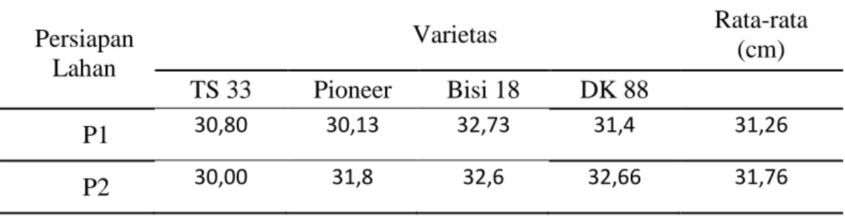 Tabel 1.  Rata- rata tinggi tanaman 14 HST dengan perlakuan pengolahan tanah pada beberapa  varietas jagung hibrida