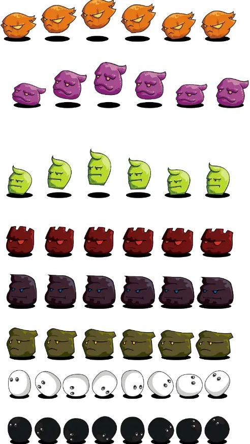 Gambar 3 Gambar desain karakter musuh, terdiri dari : Orange, Green, Purple, Redish Brown, Yellowish Brown, Bluish Brown, White, dan Black 