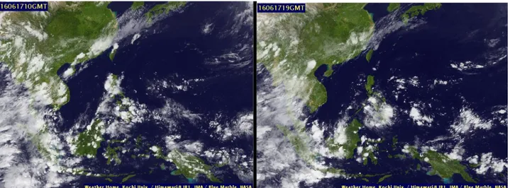 Gambar 2.  Citra satelit Himawari 8 IR 1 pada 17 Juni 2016 (gambar sebelah kiri menunjukkan pada jam 9 