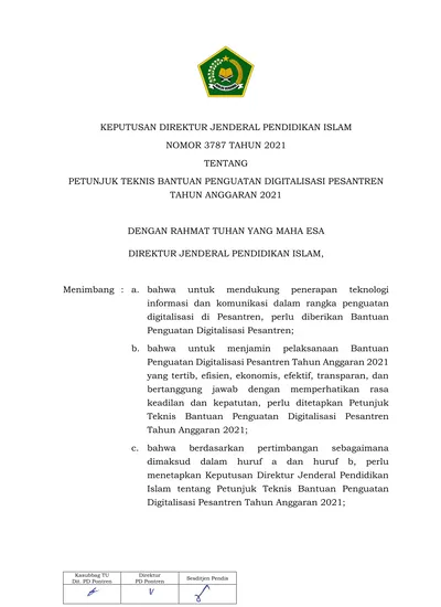 KEPUTUSAN DIREKTUR JENDERAL PENDIDIKAN ISLAM NOMOR 3787 TAHUN 2021 TENTANG