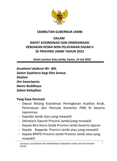 SAMBUTAN GUBERNUR JAMBI DALAM RAPAT KOORDINASI DAN SINKRONISASI ...