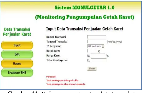 Gambar 11. Halaman penginputan data transaksi penjualan pada sistem monitoring pengumpulan  getah karet 